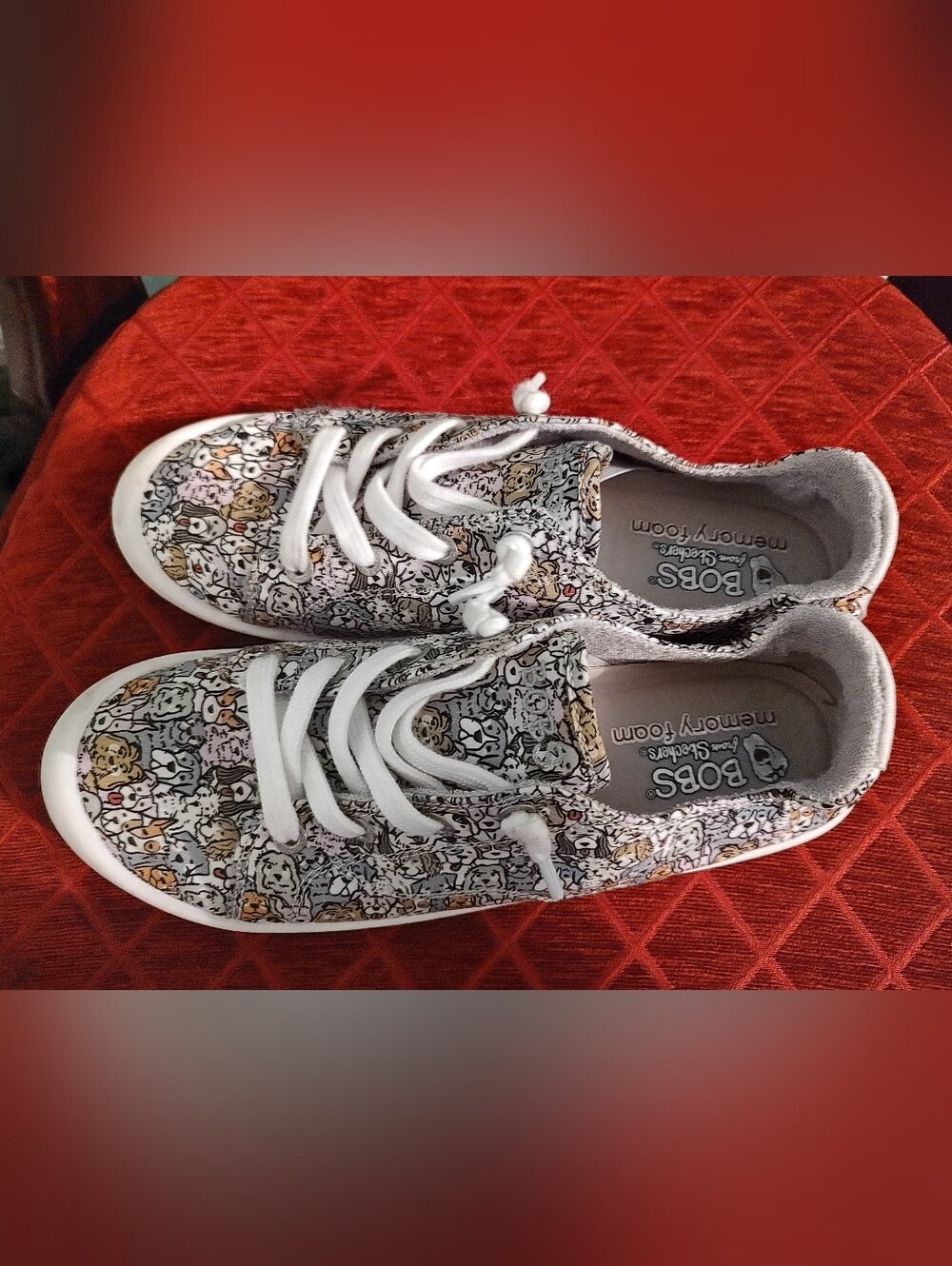 SKECHERS BOBS Women’s Memory Foam Lace-Up Sneakers Multicolor Dog Print size 8